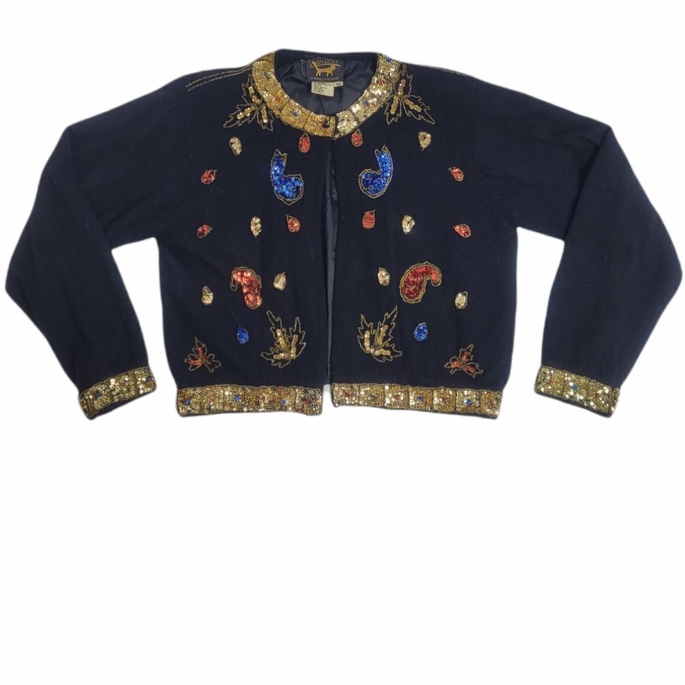 VINTAGE 80s cardigan black‎ sequined embellished wool angora sweater M